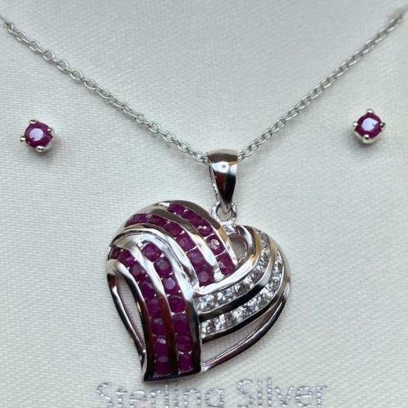 Sterling Silver & Ruby Necklace & Earring Set - Picture 2 of 3